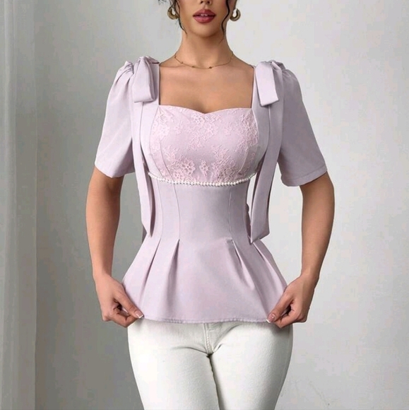 Women's Lace Patchwork Pearl Tie Detail Elegant Blouse - Picture 4 of 5